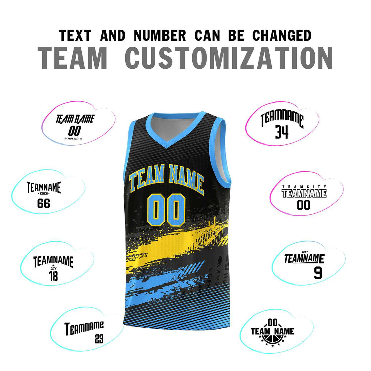 Custom Black Gold and Powder Blue Graffiti Pattern Sports Uniform Basketball Jersey|KXKSHOP