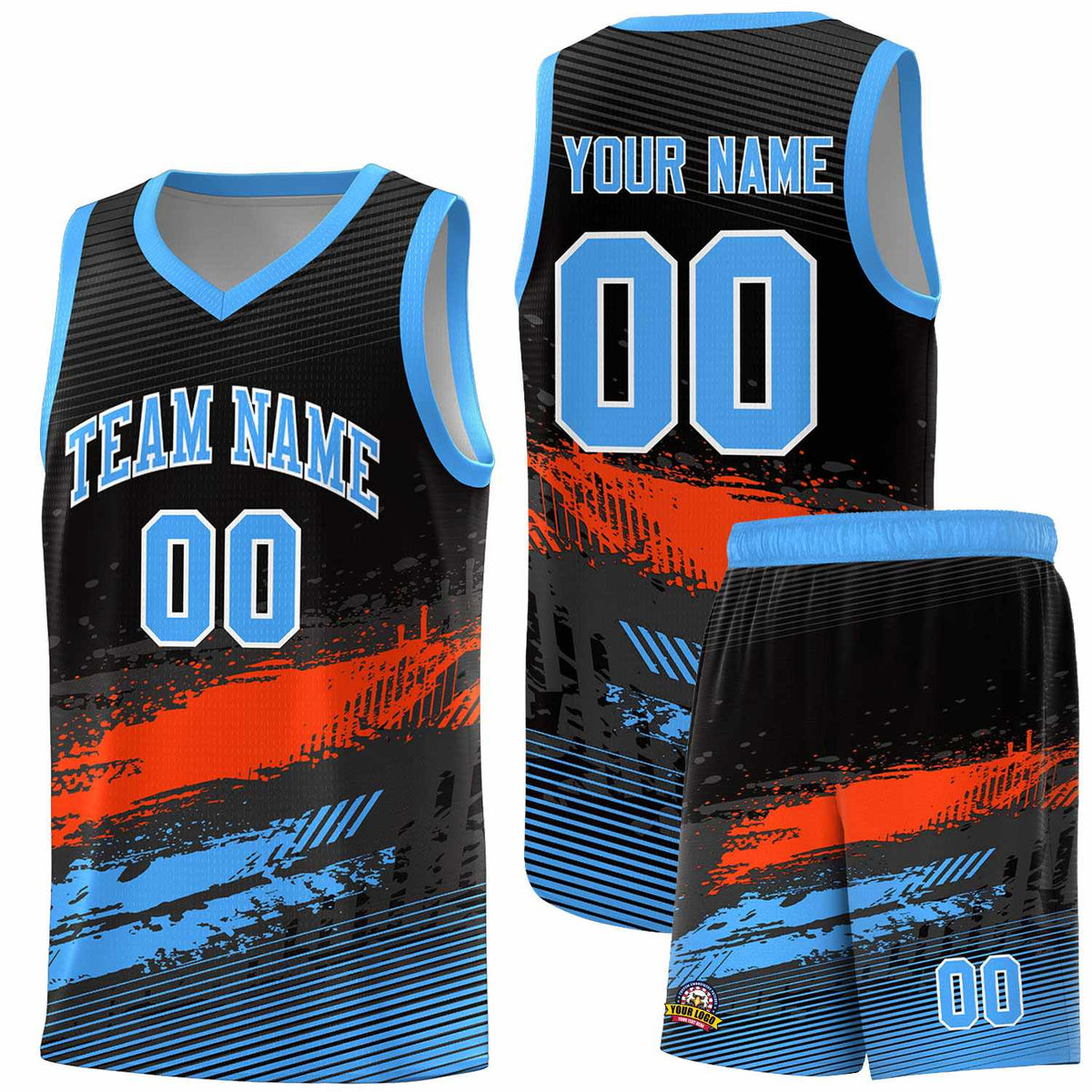 Custom Black Orange and Powder Blue Graffiti Pattern Sports Uniform Basketball Jersey|KXKSHOP