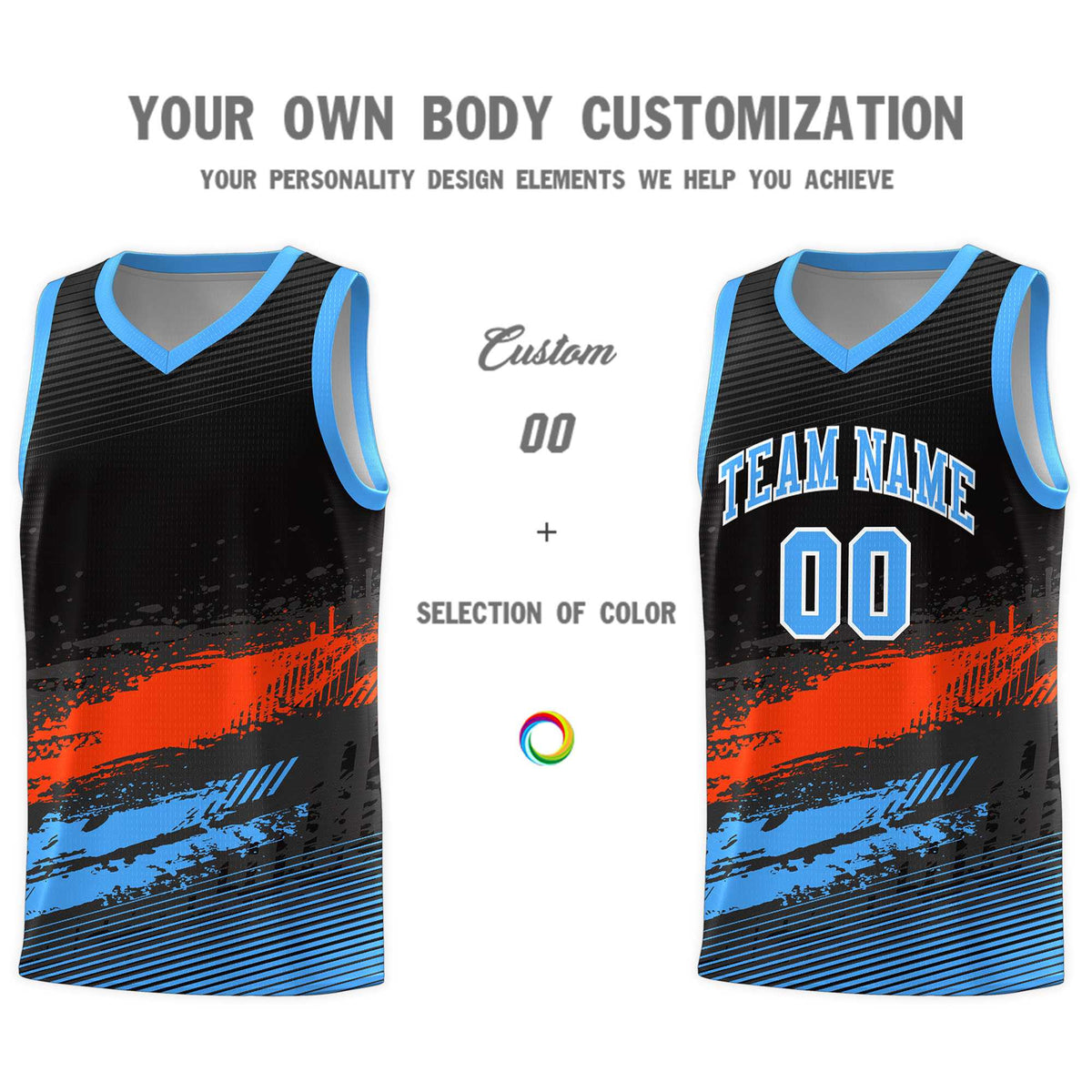 Custom Black Orange and Powder Blue Graffiti Pattern Sports Uniform Basketball Jersey|KXKSHOP