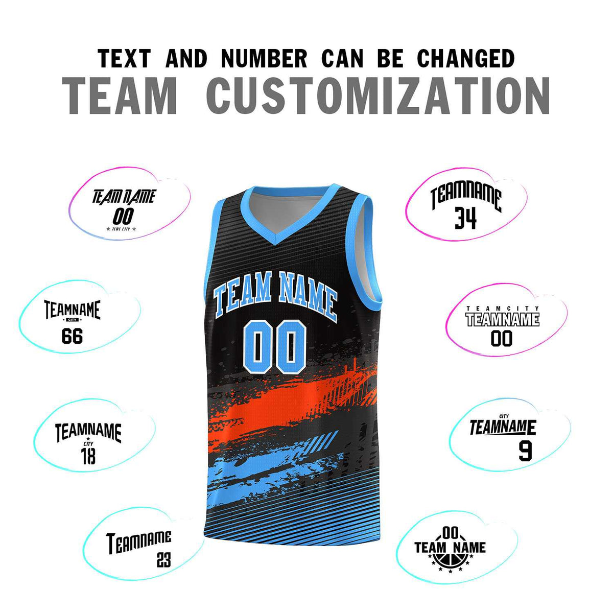 Custom Black Orange and Powder Blue Graffiti Pattern Sports Uniform Basketball Jersey|KXKSHOP