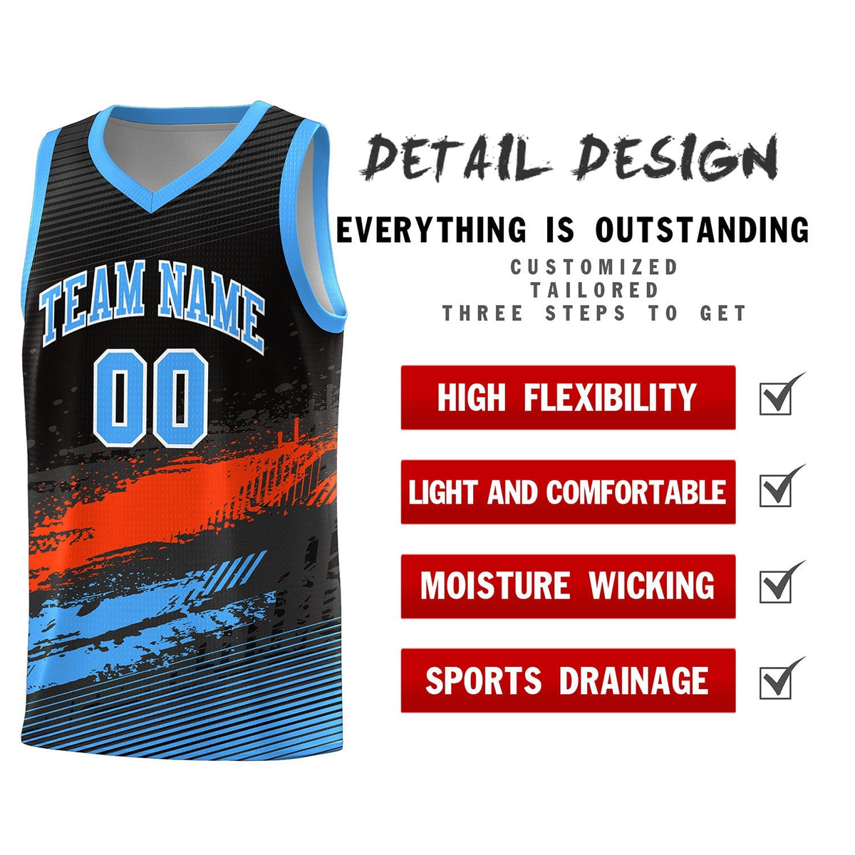 Custom Black Orange and Powder Blue Graffiti Pattern Sports Uniform Basketball Jersey|KXKSHOP