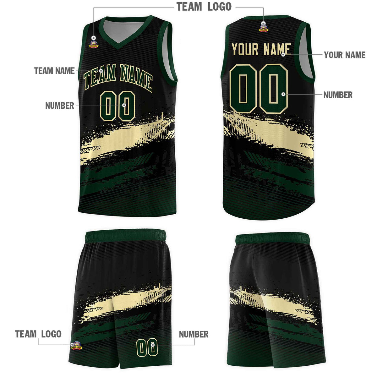 Custom Black Cream and Hunter Green Graffiti Pattern Sports Uniform Basketball Jersey|KXKSHOP
