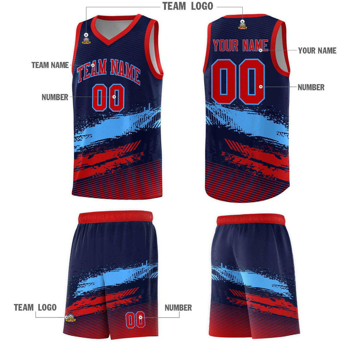 Custom Navy Powder Blue and Red Graffiti Pattern Sports Uniform Basketball Jersey|KXKSHOP