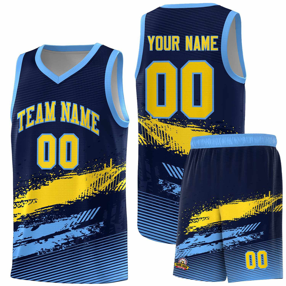 Custom Navy Gold and Powder Blue Graffiti Pattern Sports Uniform Basketball Jersey|KXKSHOP