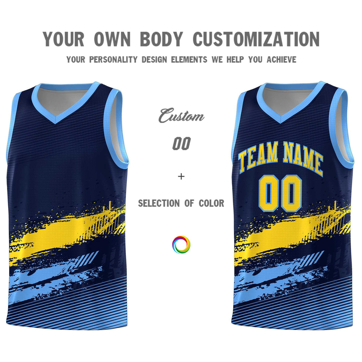 Custom Navy Gold and Powder Blue Graffiti Pattern Sports Uniform Basketball Jersey|KXKSHOP