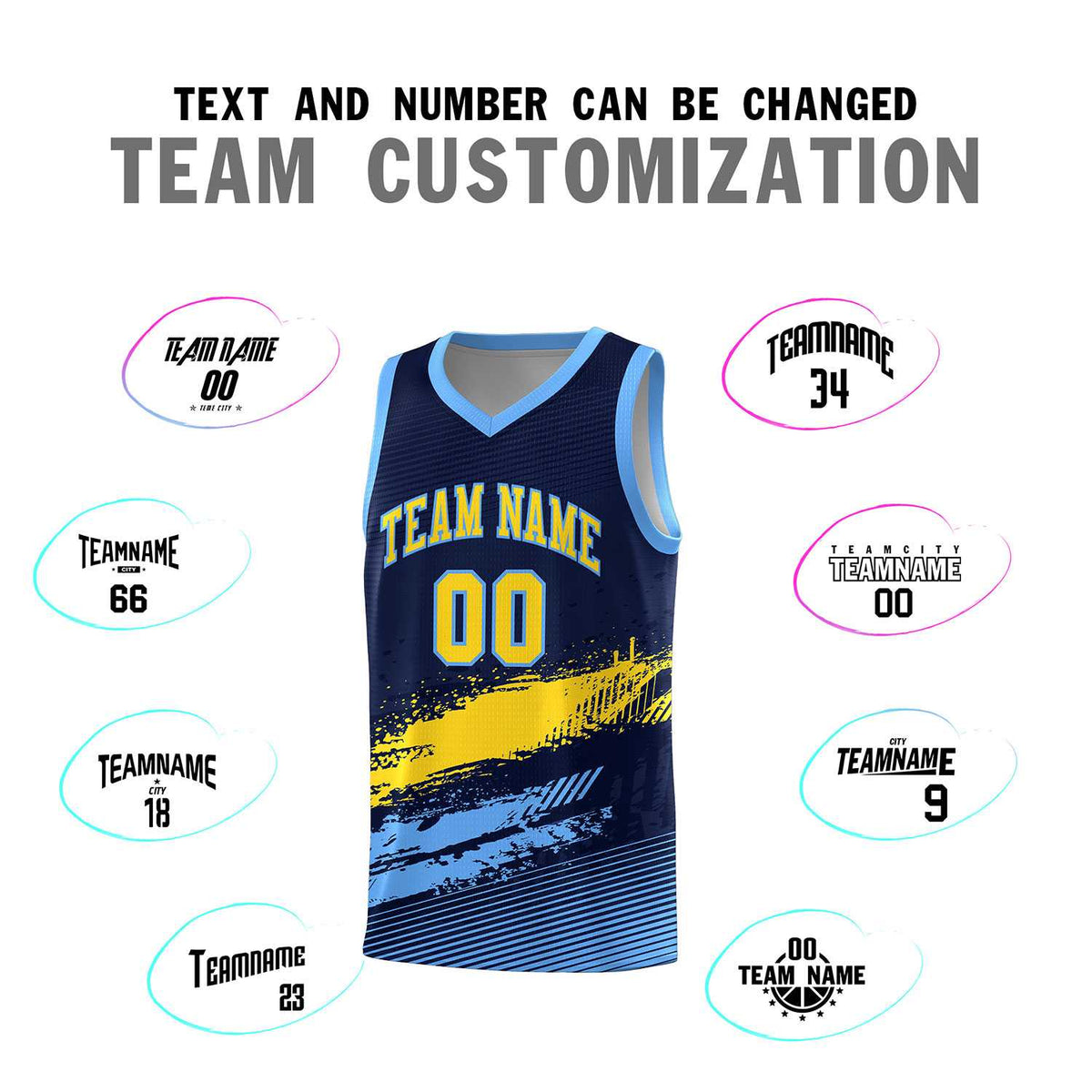 Custom Navy Gold and Powder Blue Graffiti Pattern Sports Uniform Basketball Jersey|KXKSHOP