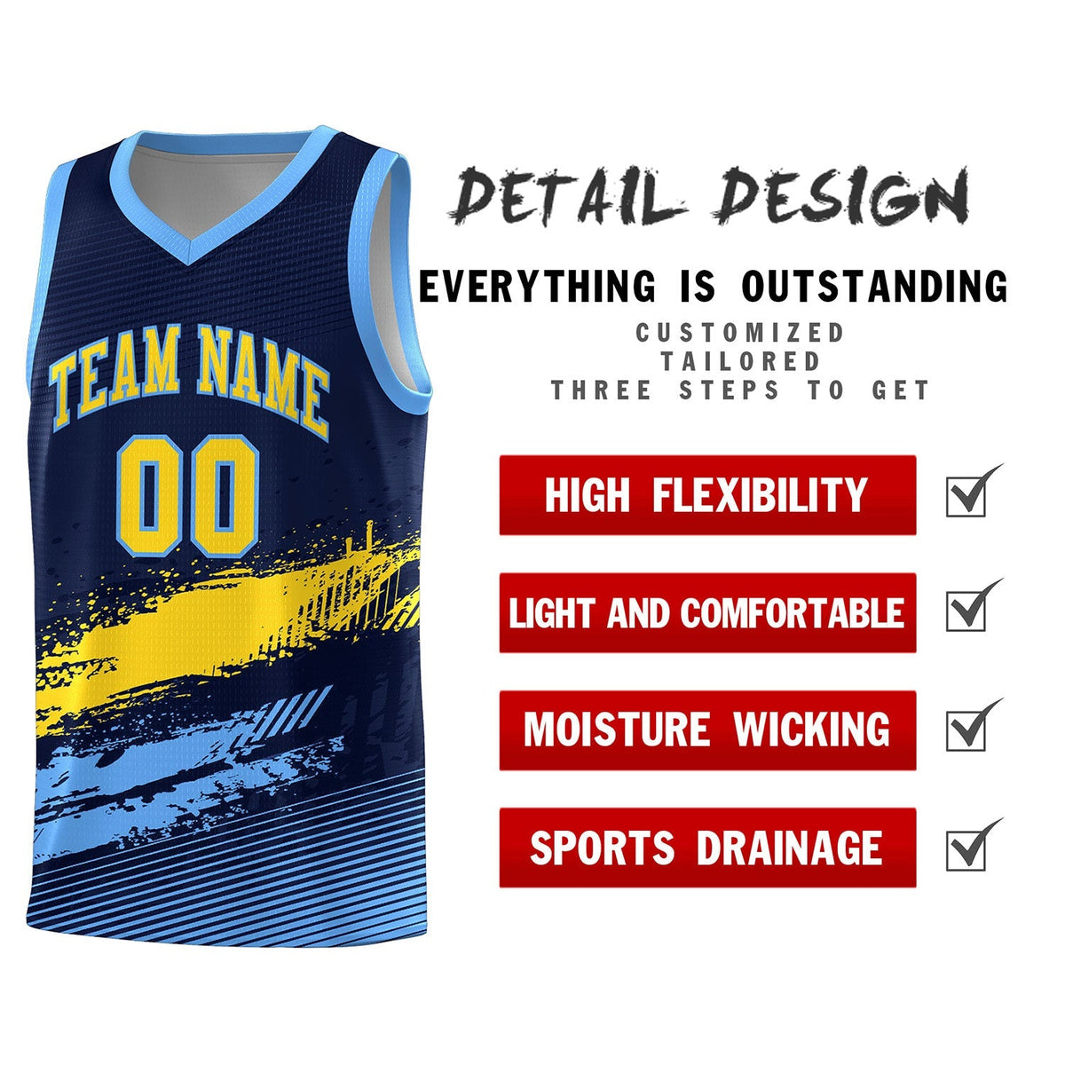 Custom Navy Gold and Powder Blue Graffiti Pattern Sports Uniform Basketball Jersey|KXKSHOP