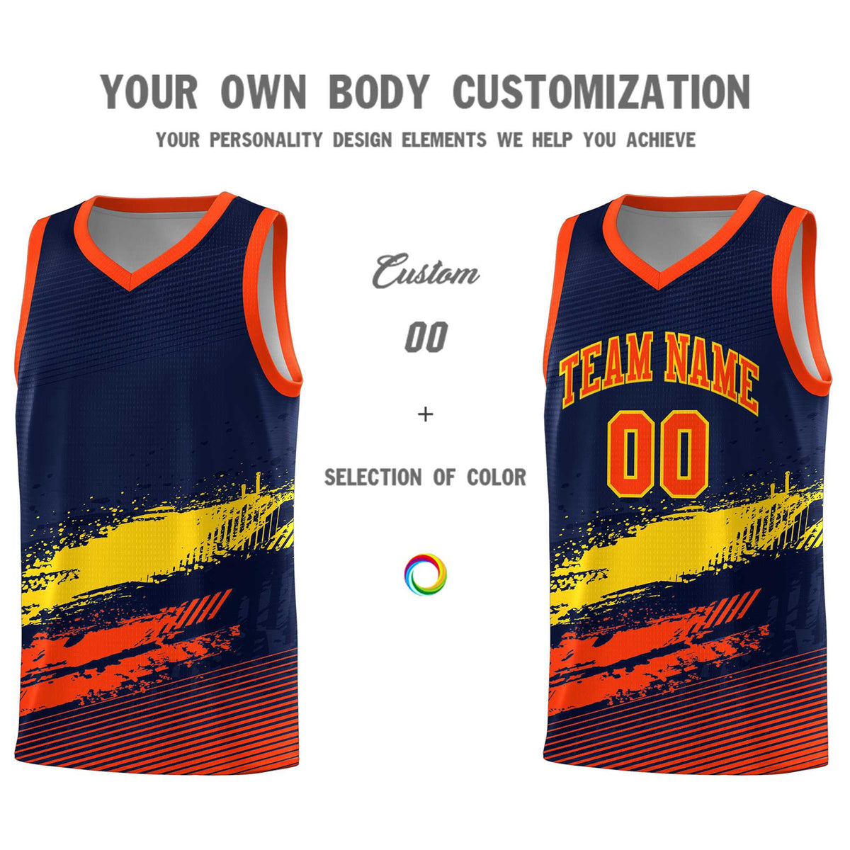 Custom Navy Gold and Orange Graffiti Pattern Sports Uniform Basketball Jersey|KXKSHOP