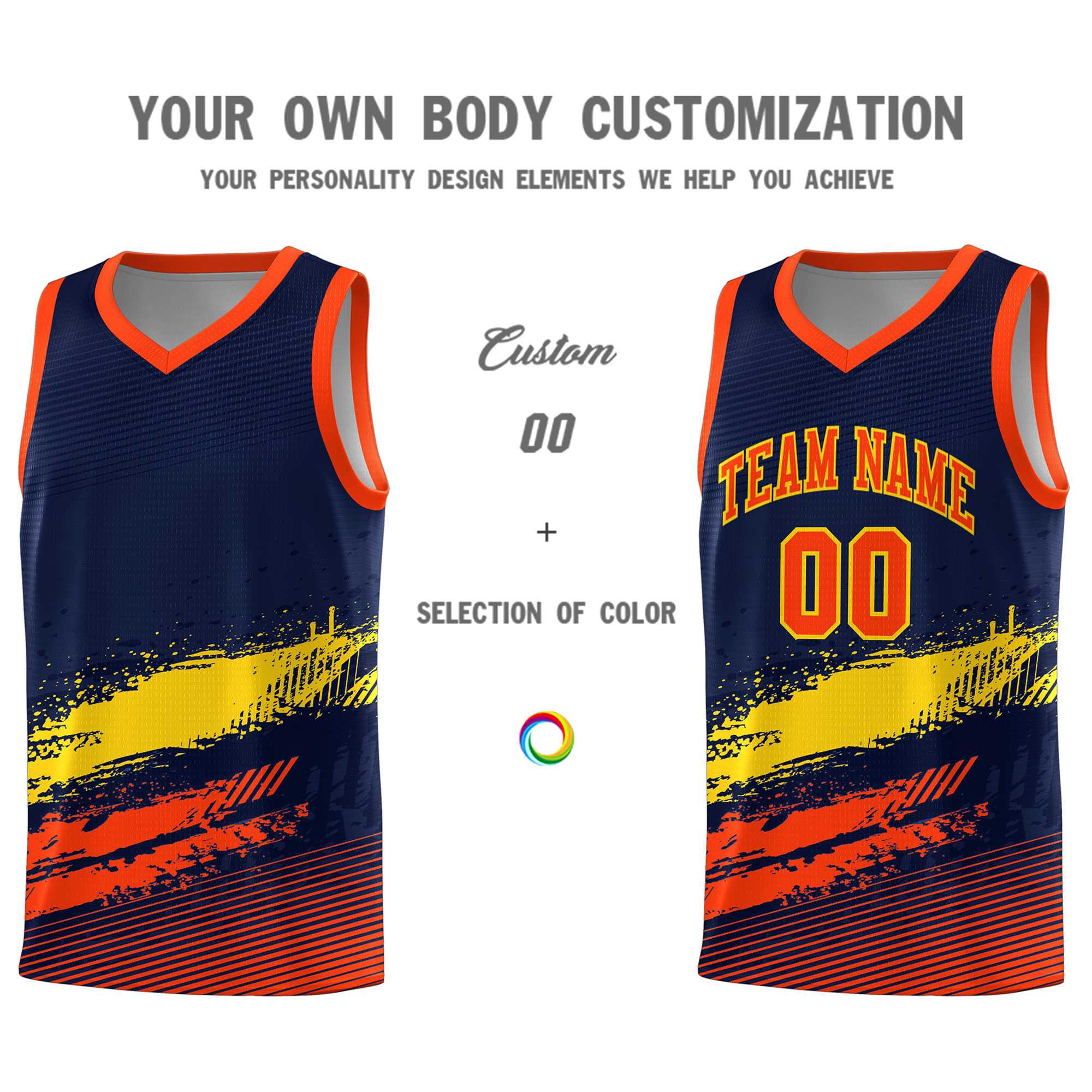 Custom Navy Gold and Orange Graffiti Pattern Sports Uniform Basketball Jersey|KXKSHOP