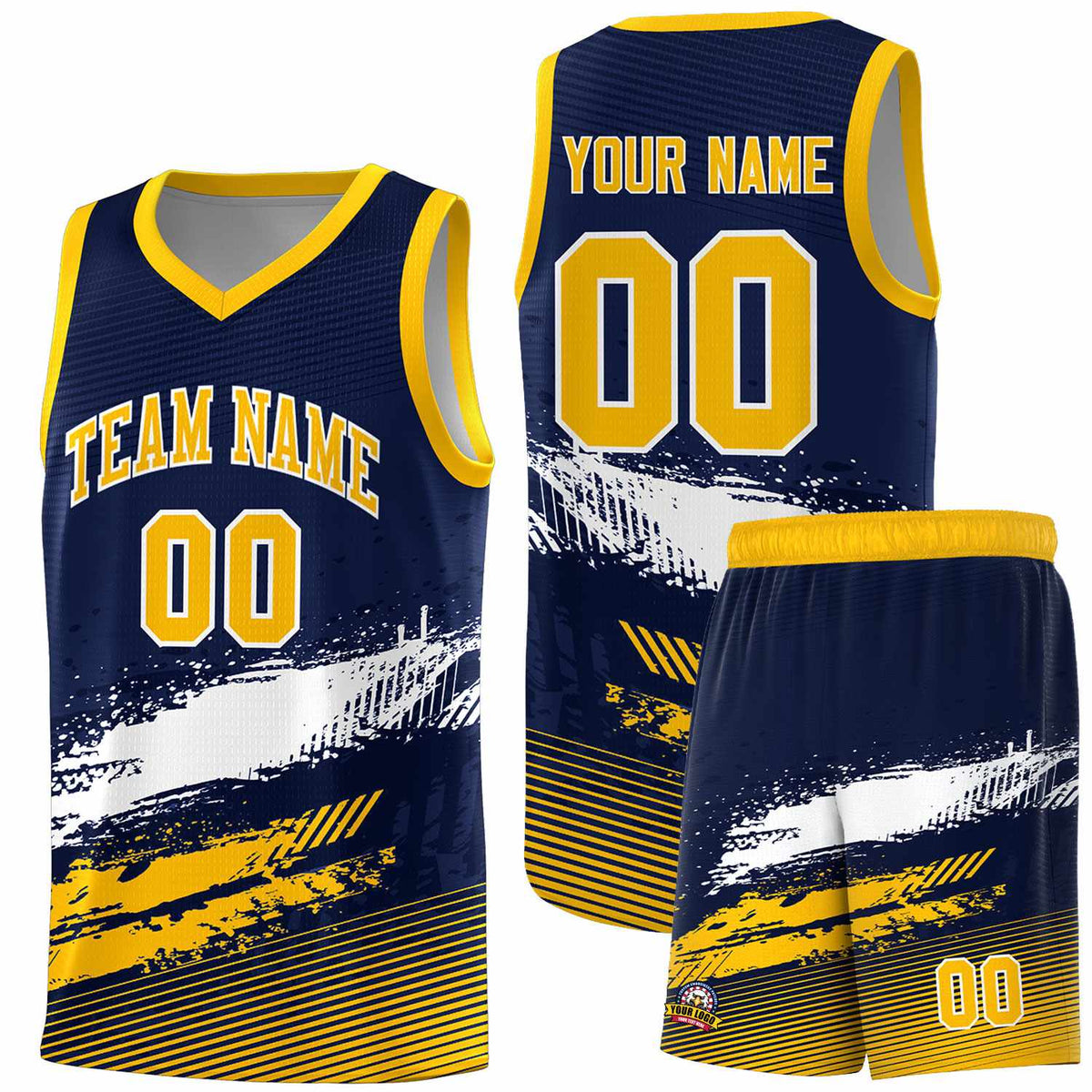 Custom Navy White and Yellow Graffiti Pattern Sports Uniform Basketball Jersey|KXKSHOP