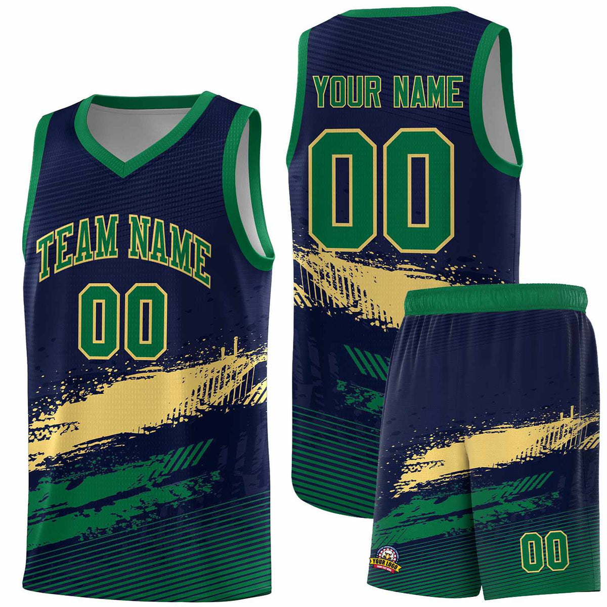 Custom Navy Khaki and Kelly Green Graffiti Pattern Sports Uniform Basketball Jersey|KXKSHOP