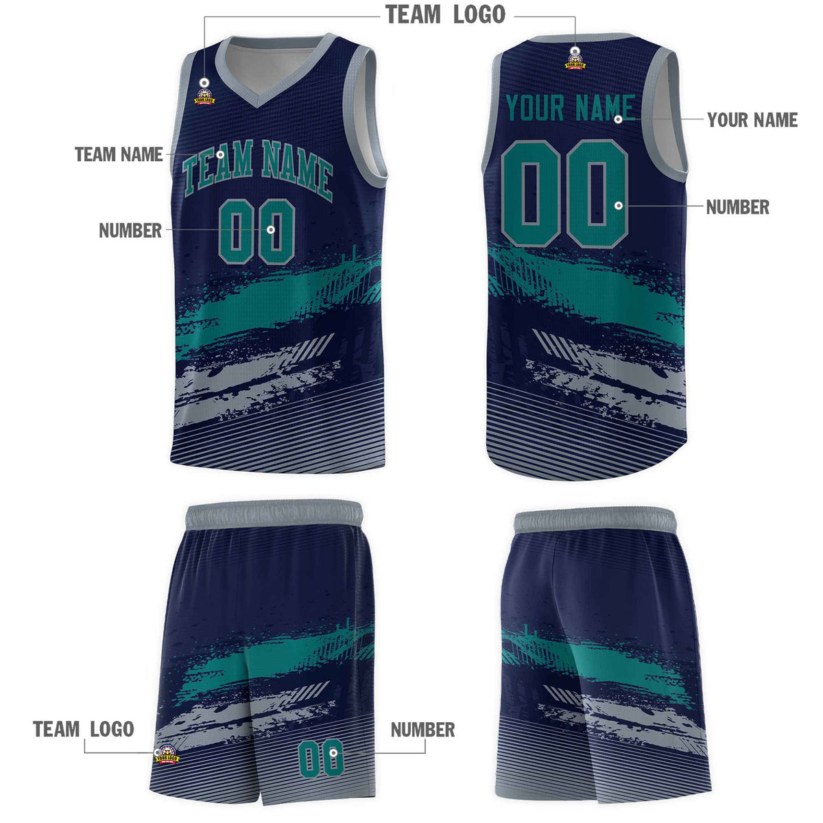 Custom Navy Aqua and Gray Graffiti Pattern Sports Uniform Basketball Jersey|KXKSHOP