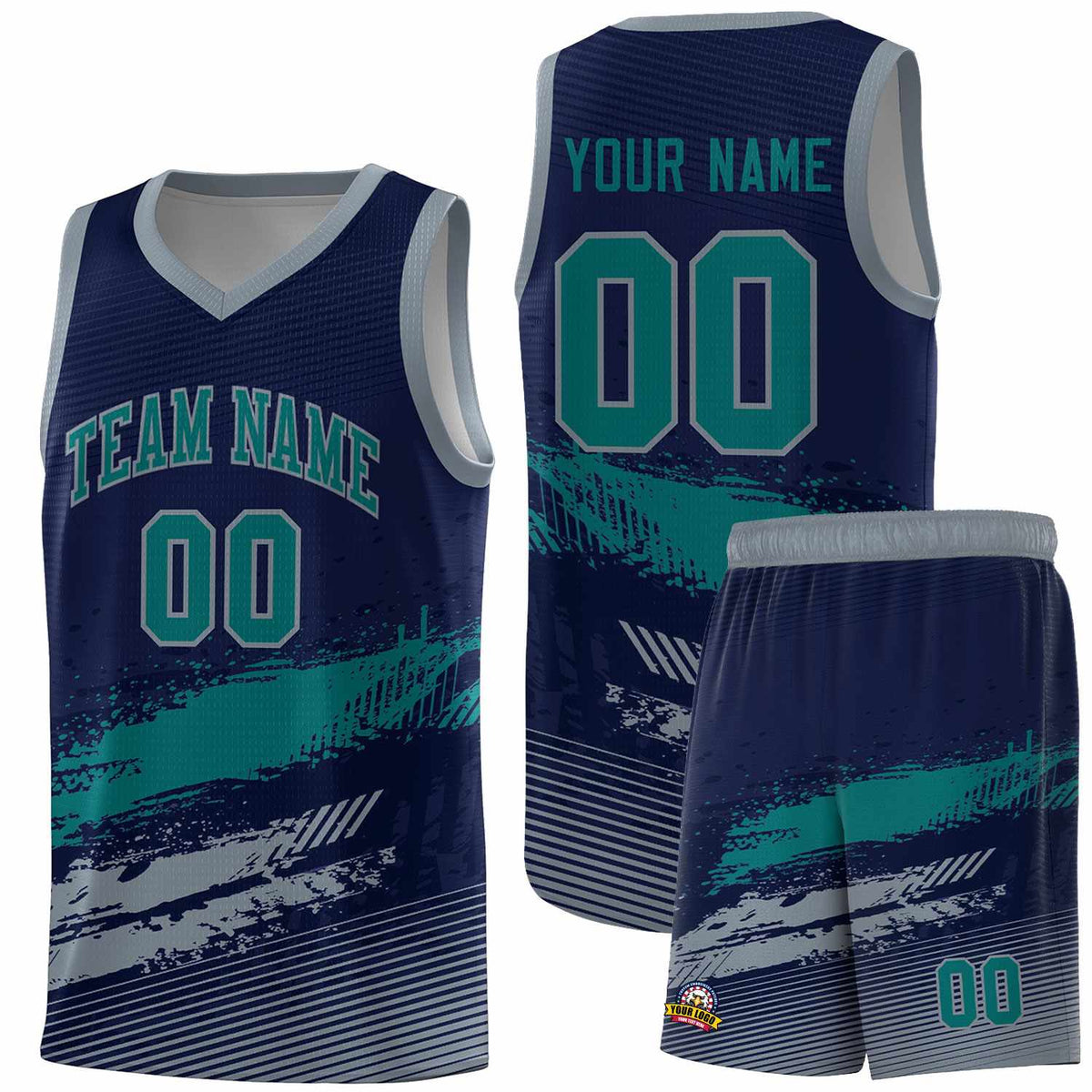 Custom Navy Aqua and Gray Graffiti Pattern Sports Uniform Basketball Jersey|KXKSHOP