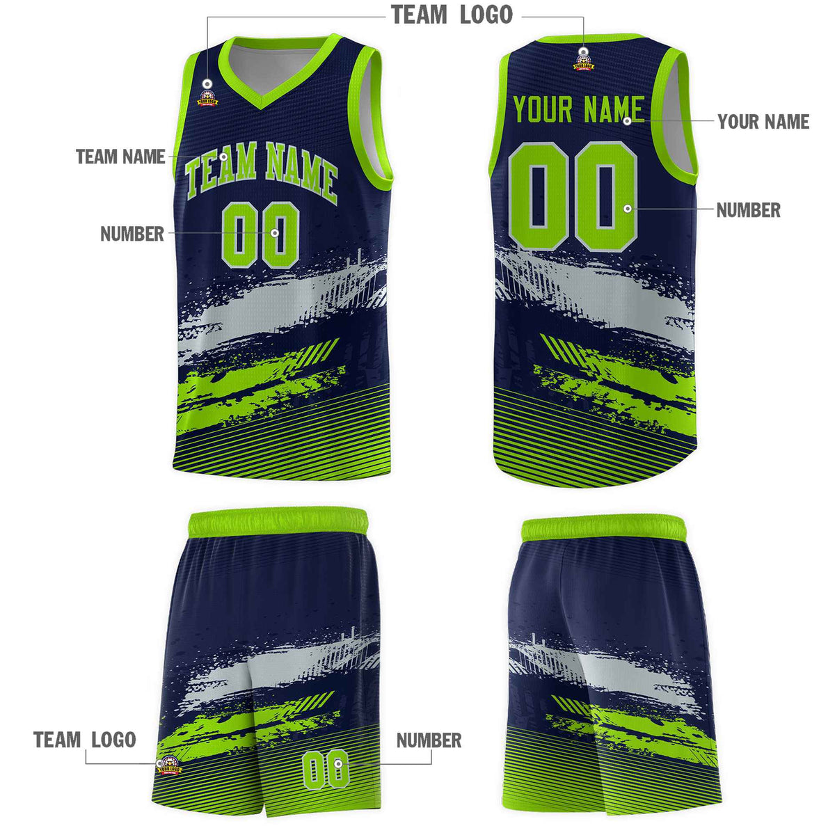 Custom Navy Gray and Neon Green Graffiti Pattern Sports Uniform Basketball Jersey|KXKSHOP