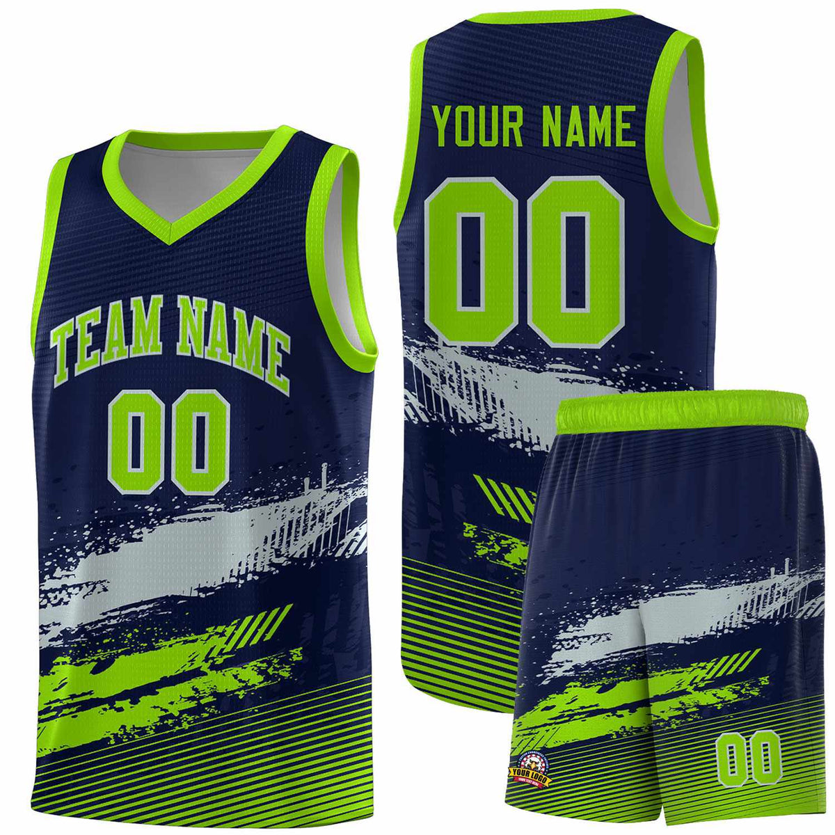 Custom Navy Gray and Neon Green Graffiti Pattern Sports Uniform Basketball Jersey|KXKSHOP