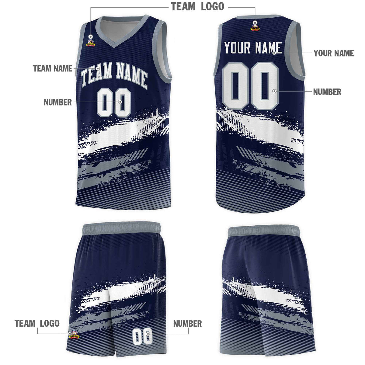 Custom Navy White and Gray Graffiti Pattern Sports Uniform Basketball Jersey|KXKSHOP