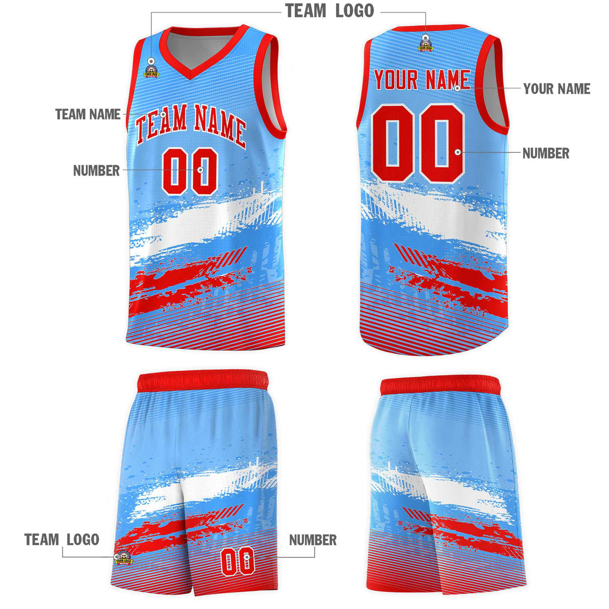 Custom Powder Blue White and Red Graffiti Pattern Sports Uniform Basketball Jersey|KXKSHOP