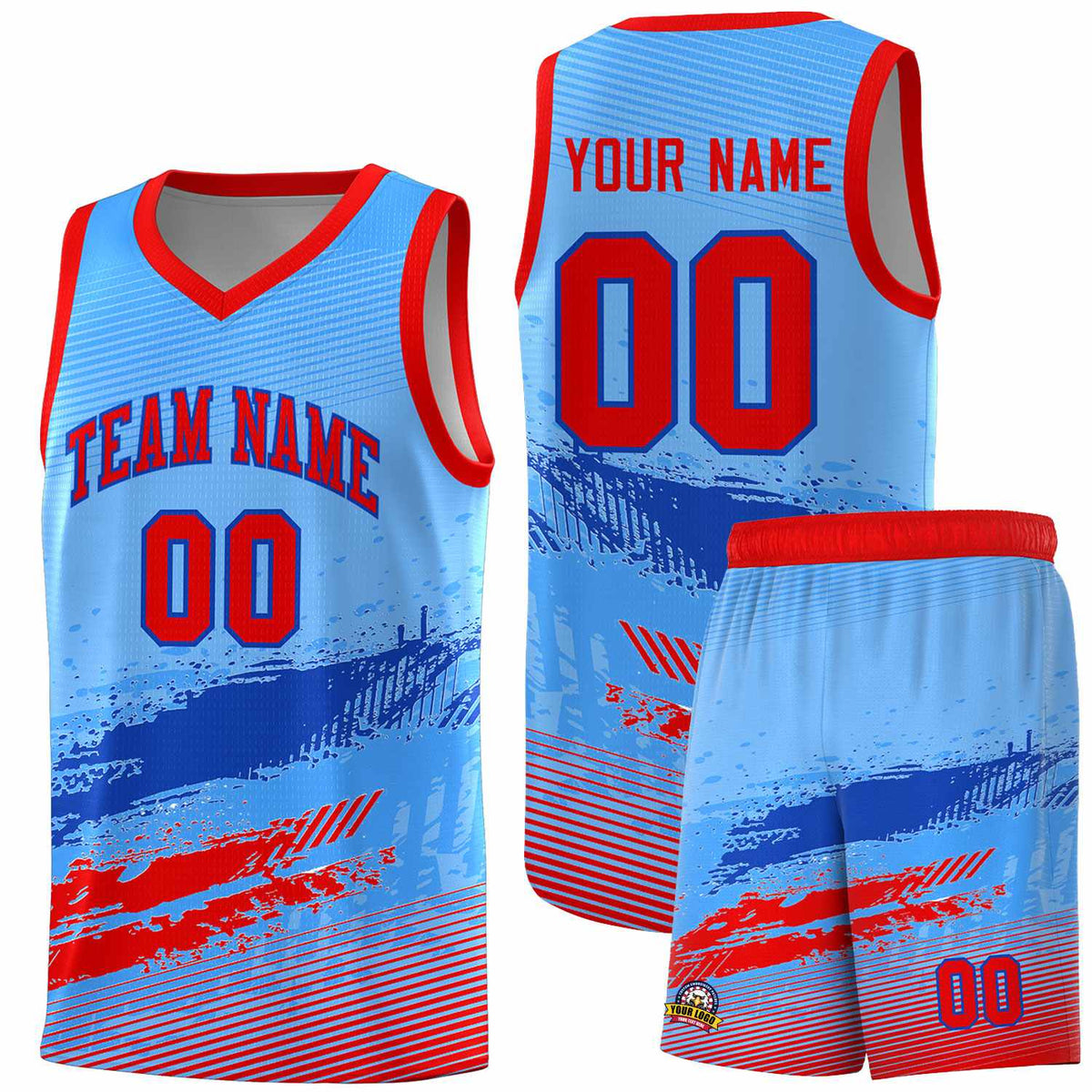 Custom Powder Blue Royal and Red Graffiti Pattern Sports Uniform Basketball Jersey|KXKSHOP