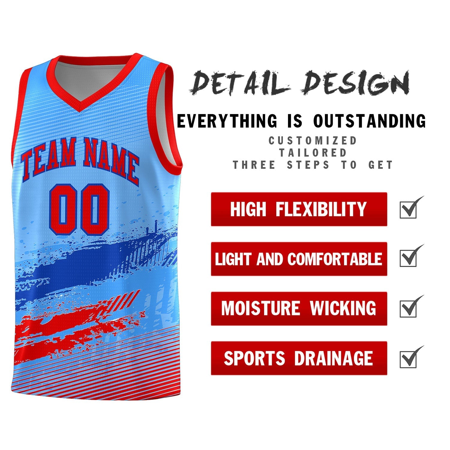 Custom Powder Blue Royal and Red Graffiti Pattern Sports Uniform Basketball Jersey|KXKSHOP