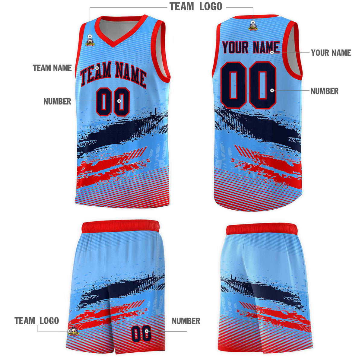 Custom Powder Blue Navy and Red Graffiti Pattern Sports Uniform Basketball Jersey|KXKSHOP