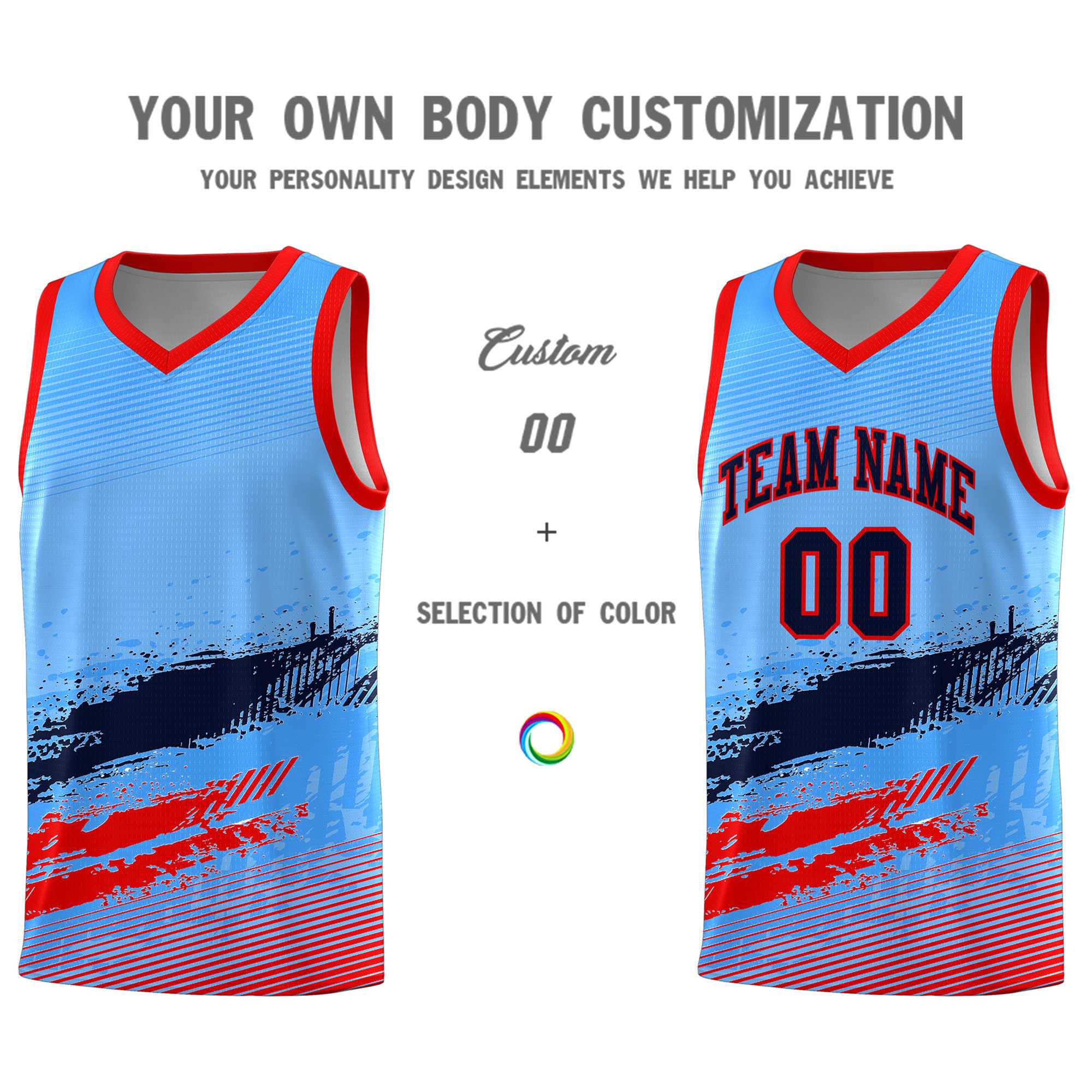 Custom Powder Blue Navy and Red Graffiti Pattern Sports Uniform Basketball Jersey|KXKSHOP