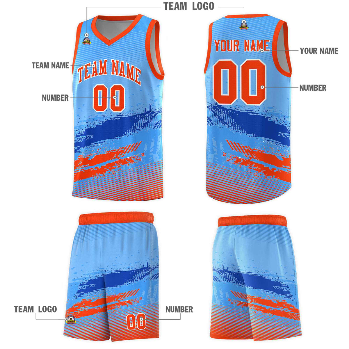 Custom Powder Blue Royal and Orange Graffiti Pattern Sports Uniform Basketball Jersey|KXKSHOP