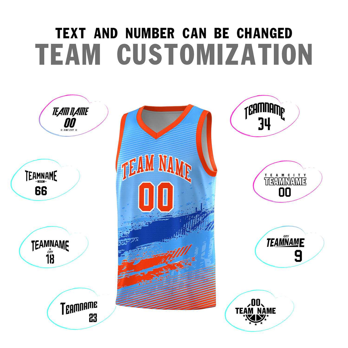 Custom Powder Blue Royal and Orange Graffiti Pattern Sports Uniform Basketball Jersey|KXKSHOP