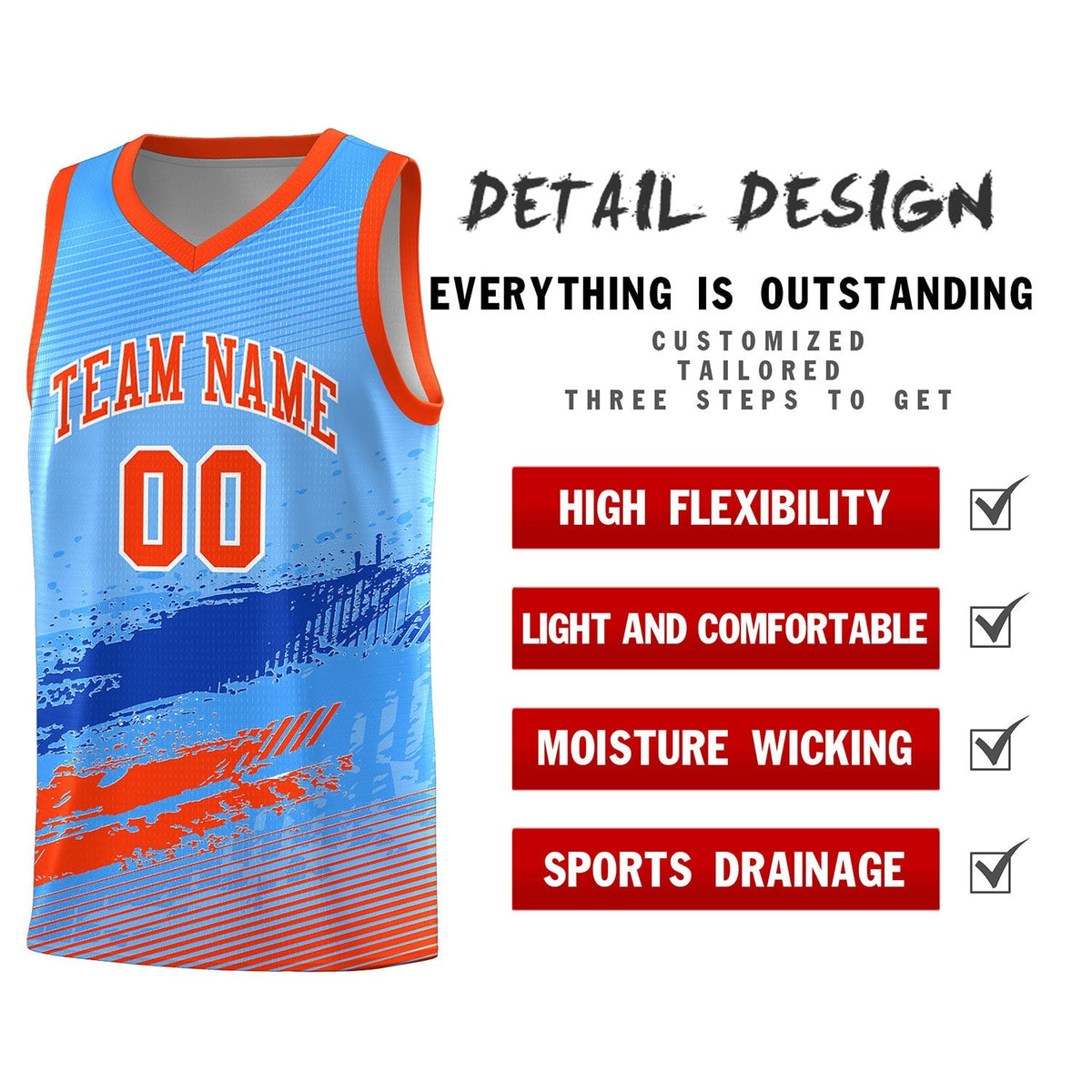 Custom Powder Blue Royal and Orange Graffiti Pattern Sports Uniform Basketball Jersey|KXKSHOP