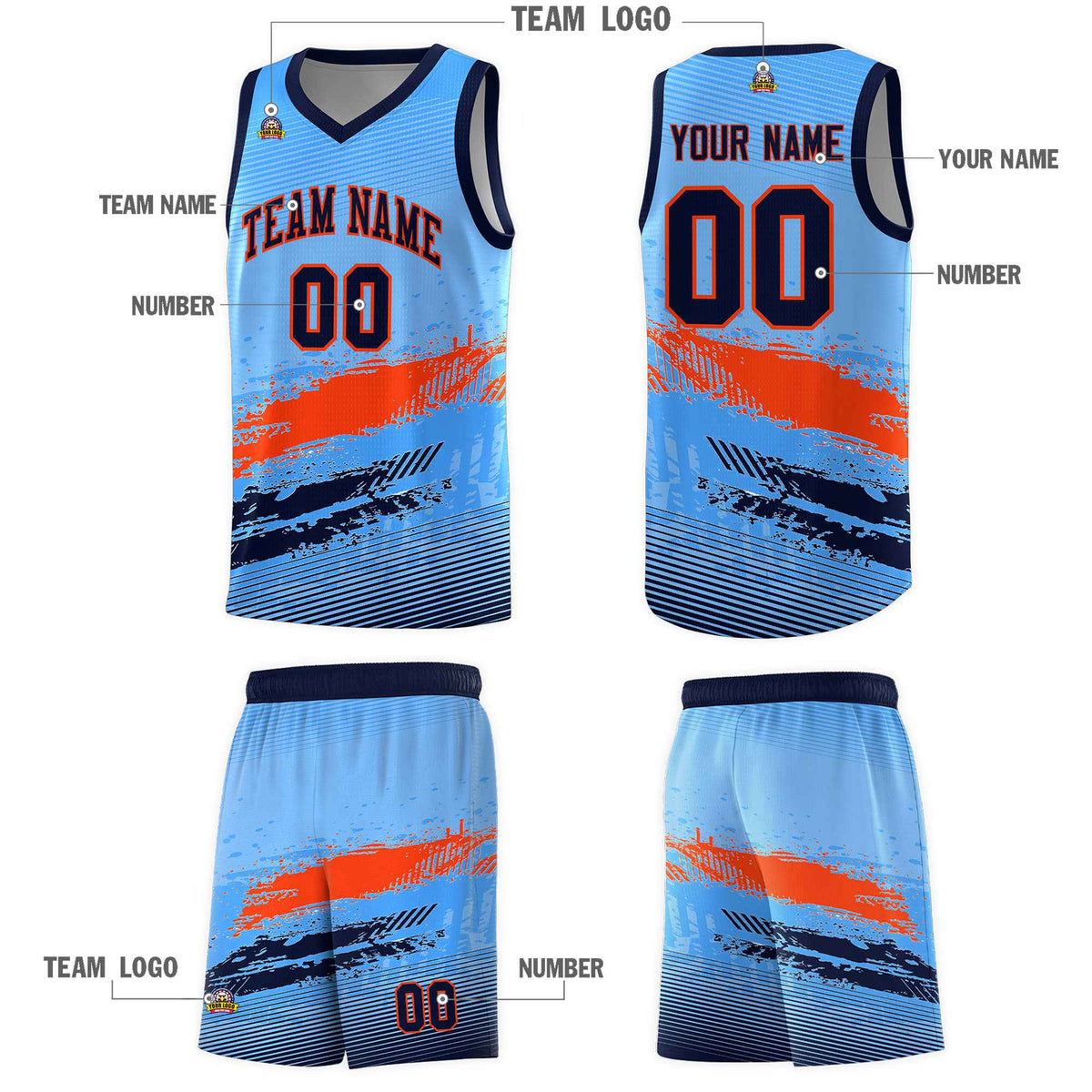 Custom Powder Blue Orange and Navy Graffiti Pattern Sports Uniform Basketball Jersey|KXKSHOP