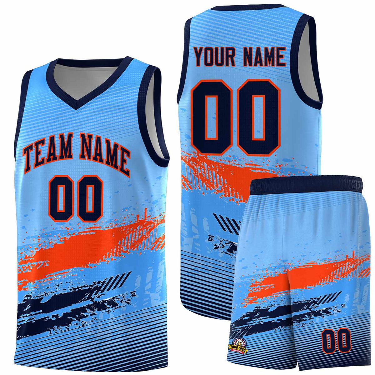 Custom Powder Blue Orange and Navy Graffiti Pattern Sports Uniform Basketball Jersey|KXKSHOP