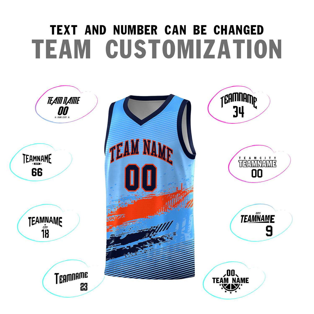 Custom Powder Blue Orange and Navy Graffiti Pattern Sports Uniform Basketball Jersey|KXKSHOP