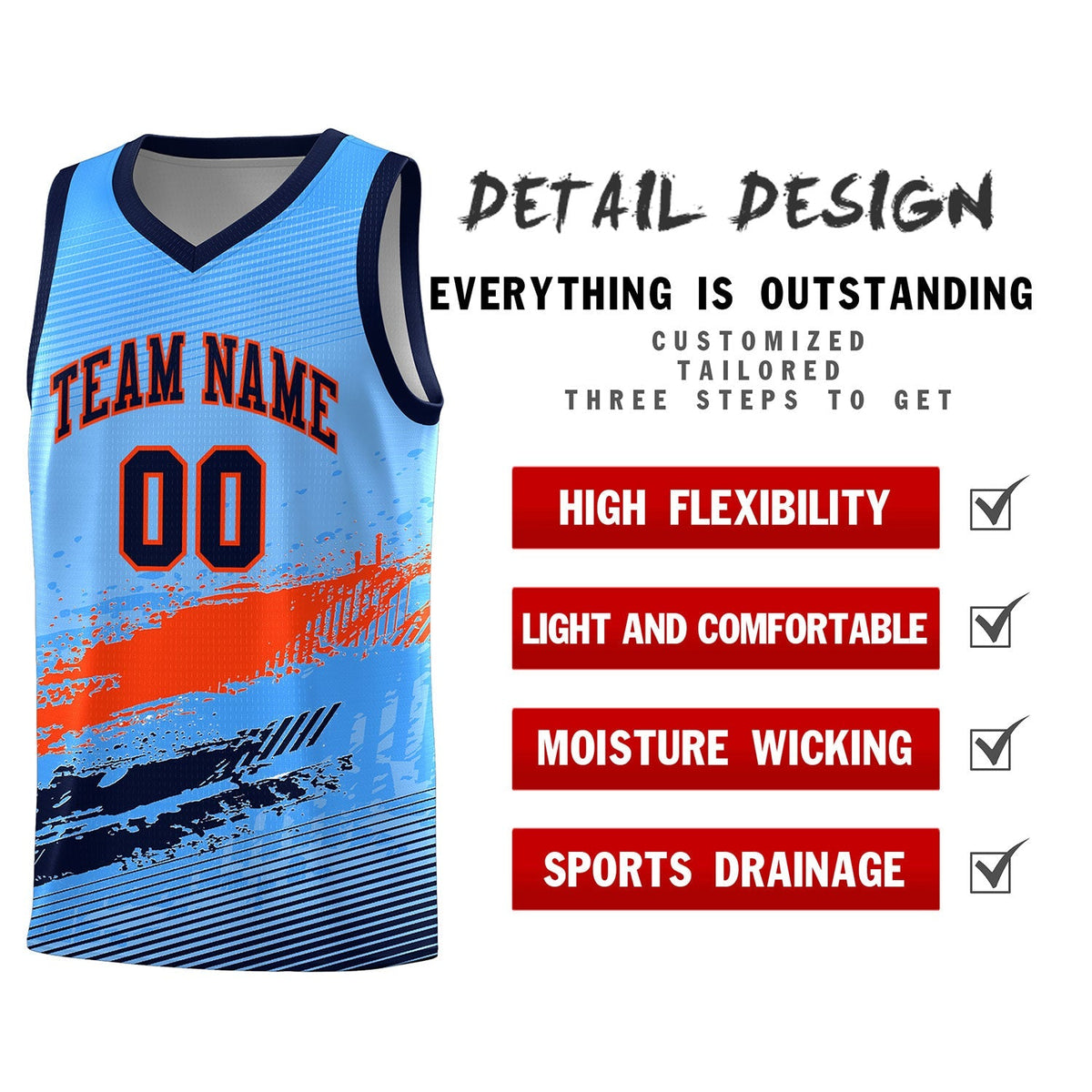 Custom Powder Blue Orange and Navy Graffiti Pattern Sports Uniform Basketball Jersey|KXKSHOP