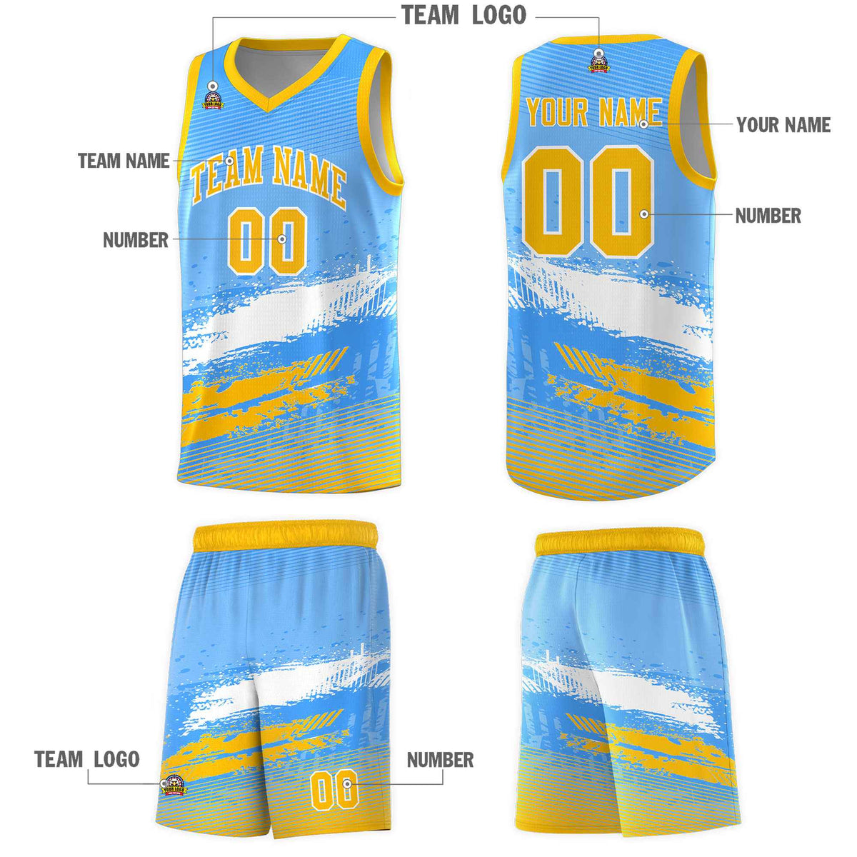 Custom Powder Blue White and Yellow Graffiti Pattern Sports Uniform Basketball Jersey|KXKSHOP
