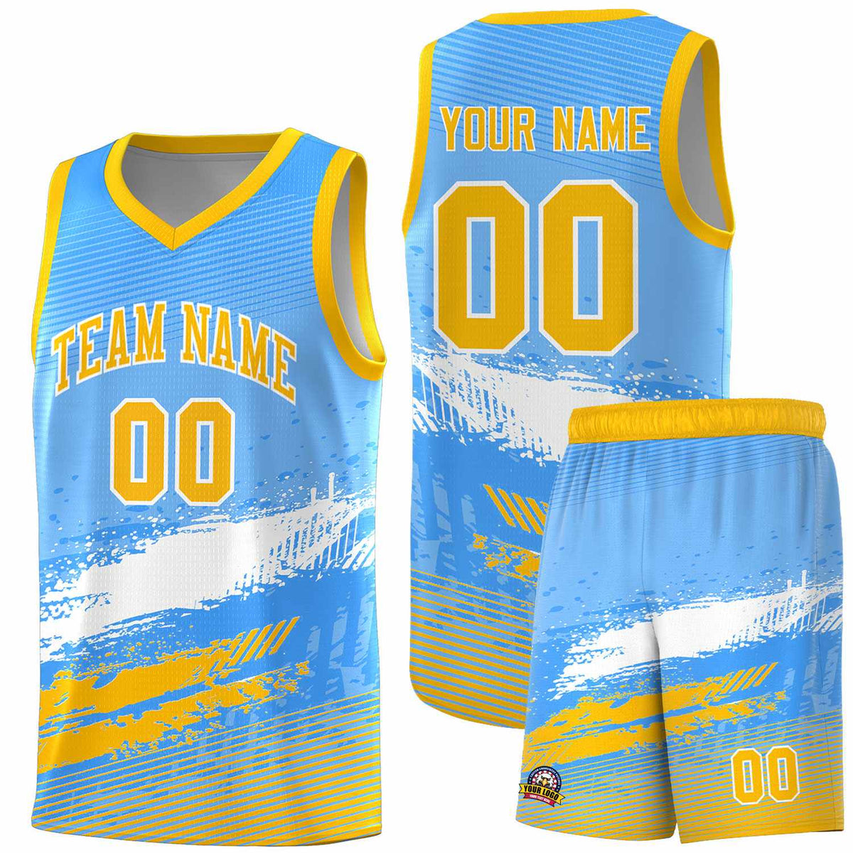 Custom Powder Blue White and Yellow Graffiti Pattern Sports Uniform Basketball Jersey|KXKSHOP