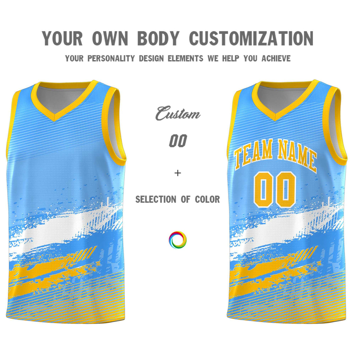 Custom Powder Blue White and Yellow Graffiti Pattern Sports Uniform Basketball Jersey|KXKSHOP