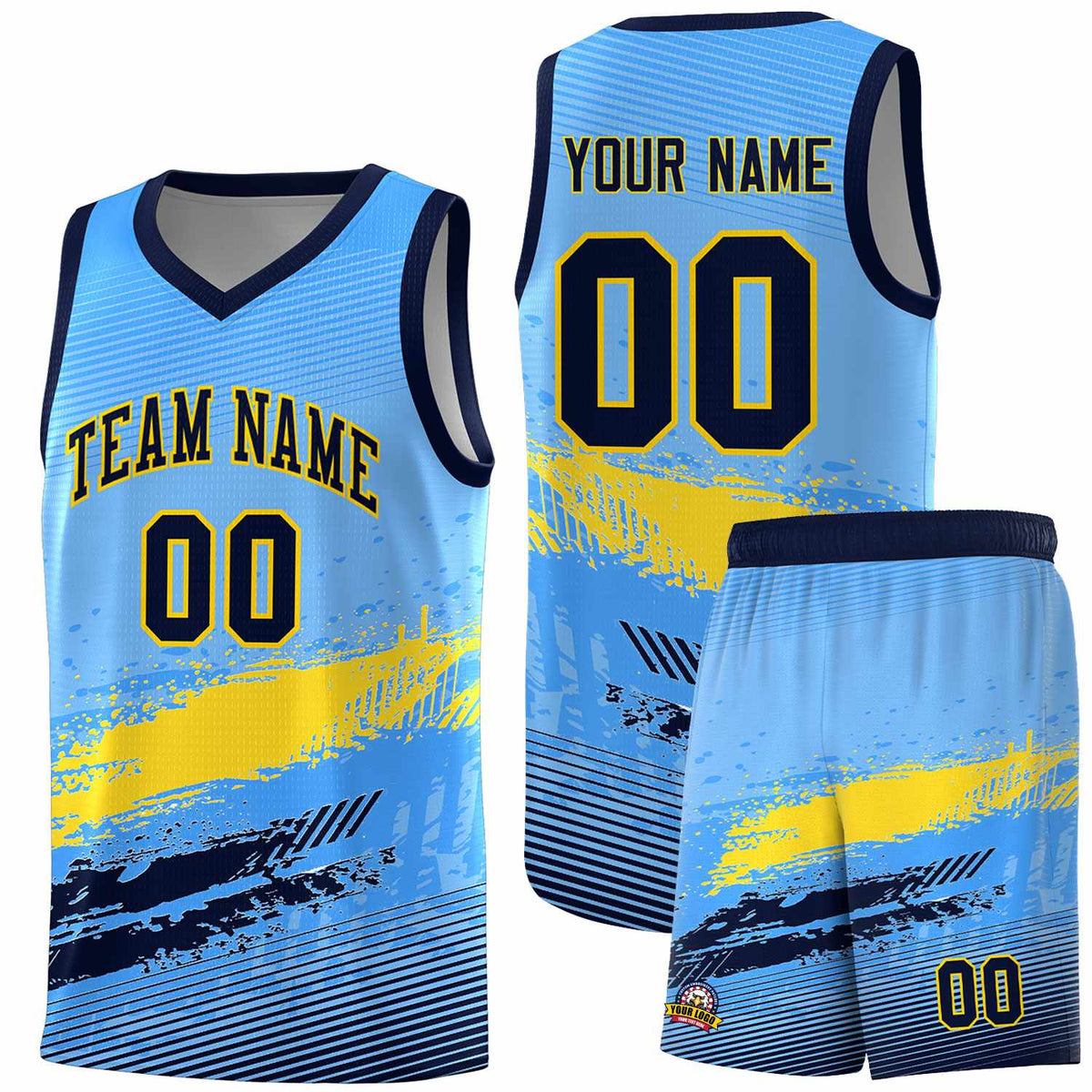 Custom Powder Blue Gold and Navy Graffiti Pattern Sports Uniform Basketball Jersey|KXKSHOP