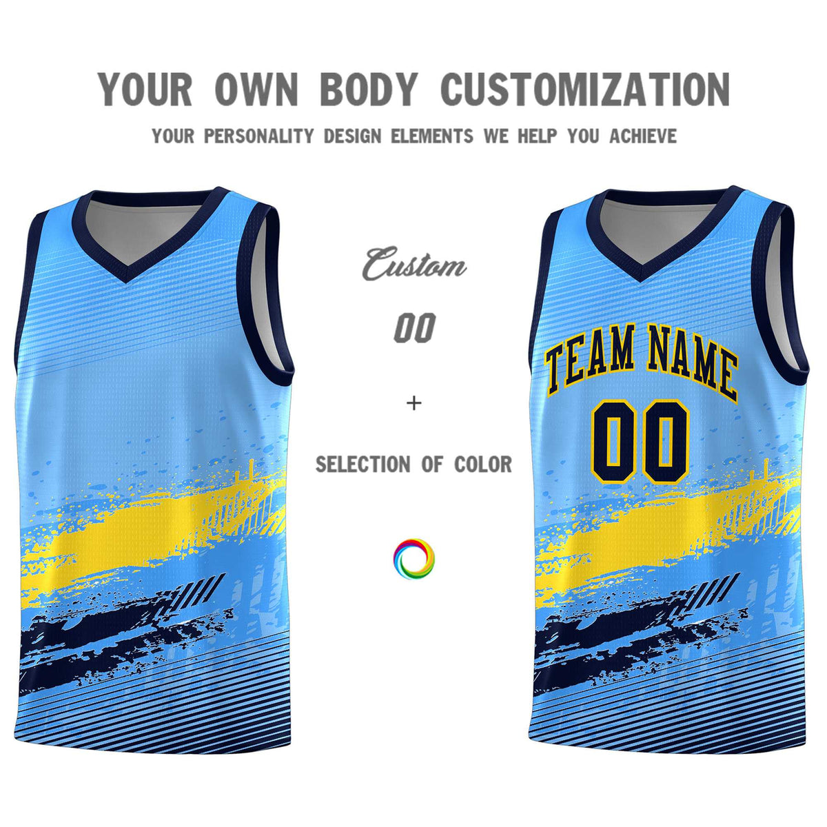 Custom Powder Blue Gold and Navy Graffiti Pattern Sports Uniform Basketball Jersey|KXKSHOP