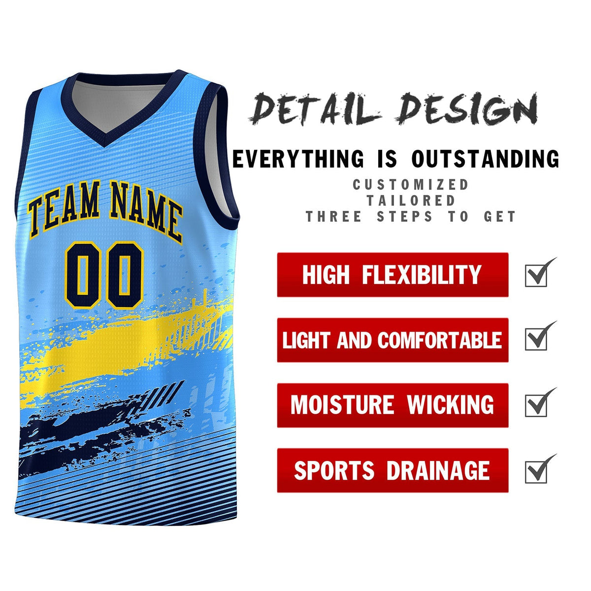 Custom Powder Blue Gold and Navy Graffiti Pattern Sports Uniform Basketball Jersey|KXKSHOP