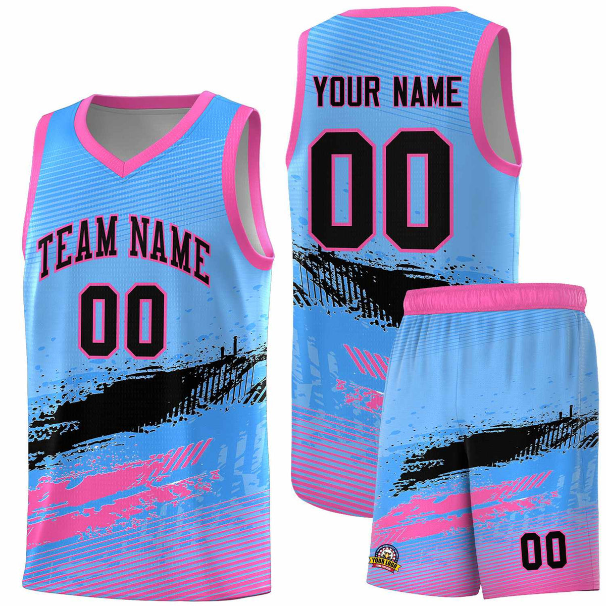 Custom Powder Blue Black and Pink Graffiti Pattern Sports Uniform Basketball Jersey|KXKSHOP