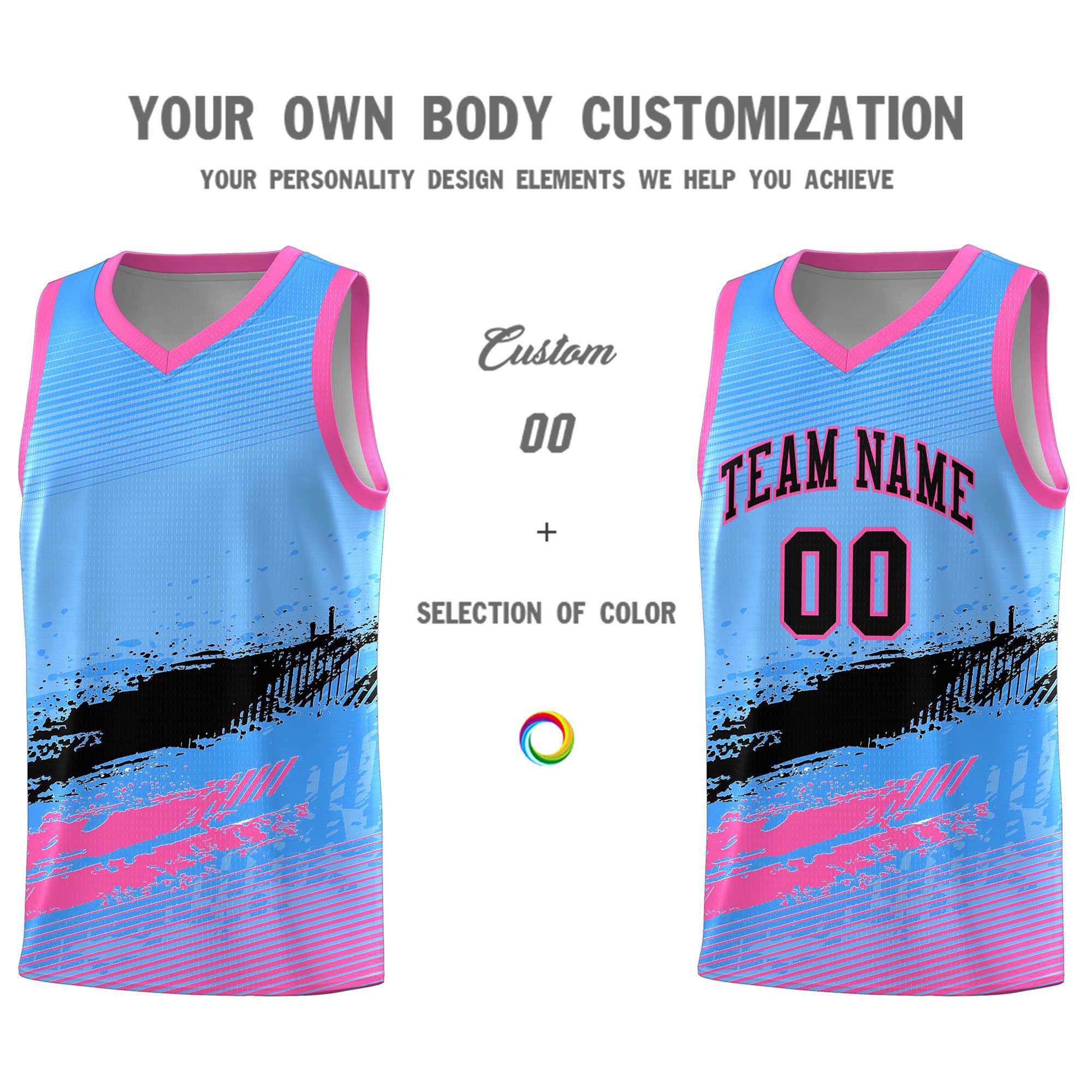 Custom Powder Blue Black and Pink Graffiti Pattern Sports Uniform Basketball Jersey|KXKSHOP