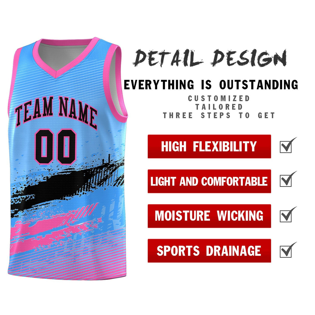 Custom Powder Blue Black and Pink Graffiti Pattern Sports Uniform Basketball Jersey|KXKSHOP