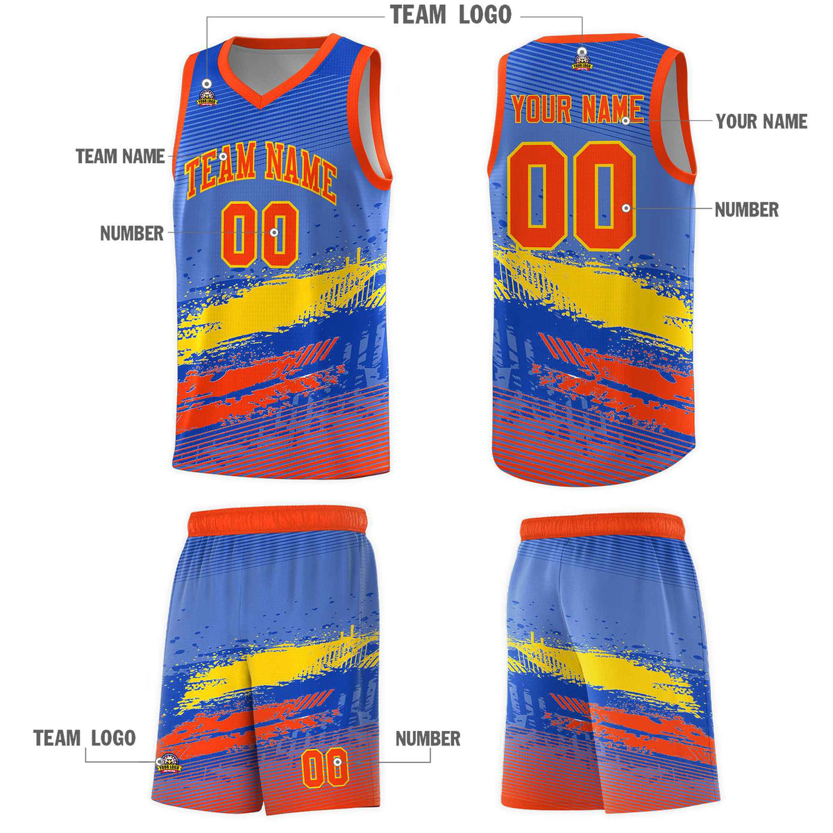 Custom Royal Gold and Orange Graffiti Pattern Sports Uniform Basketball Jersey|KXKSHOP