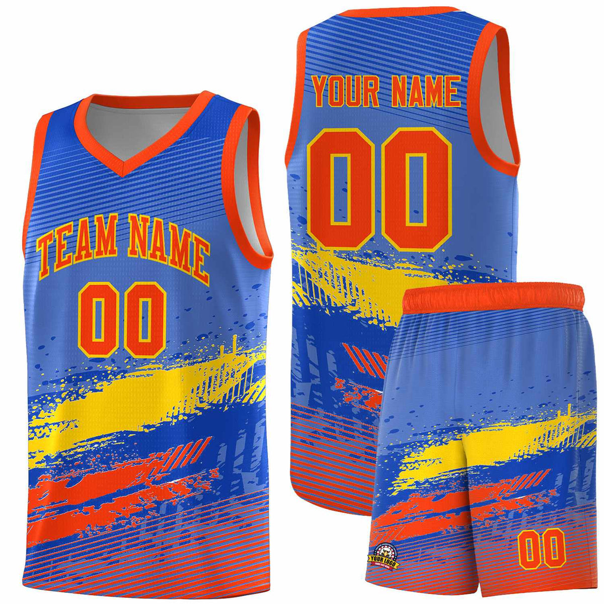 Custom Royal Gold and Orange Graffiti Pattern Sports Uniform Basketball Jersey|KXKSHOP