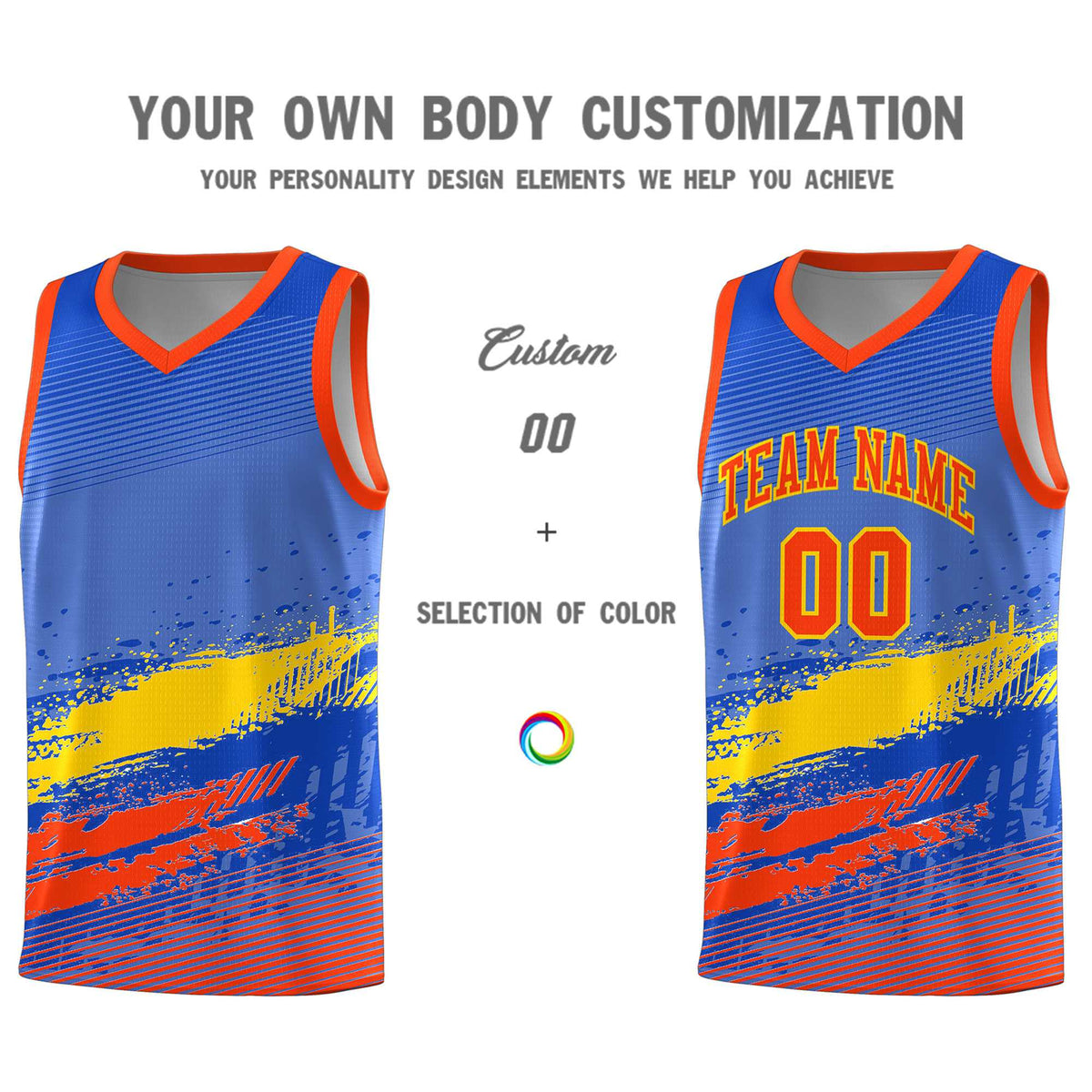 Custom Royal Gold and Orange Graffiti Pattern Sports Uniform Basketball Jersey|KXKSHOP