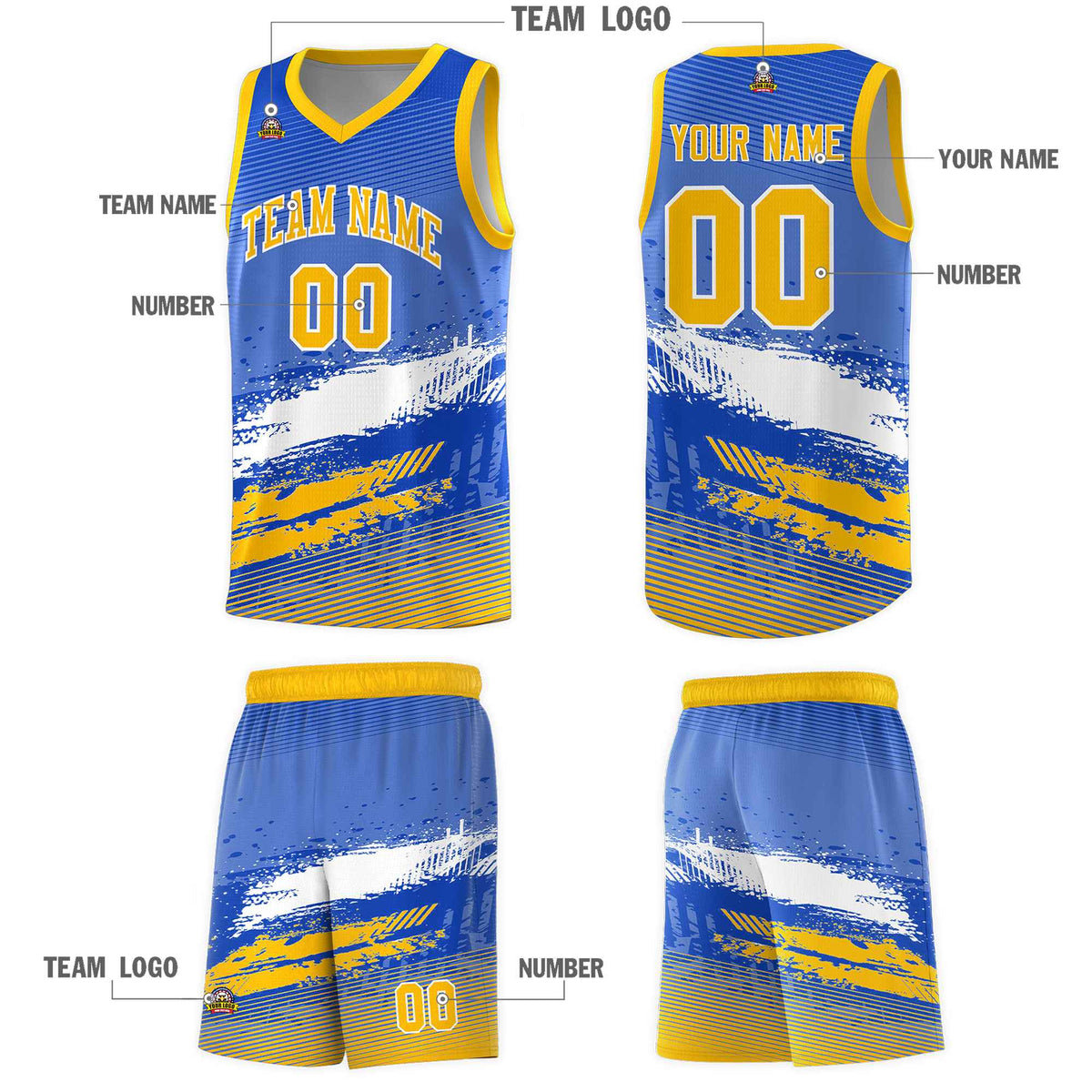 Custom Royal White and Yellow Graffiti Pattern Sports Uniform Basketball Jersey|KXKSHOP