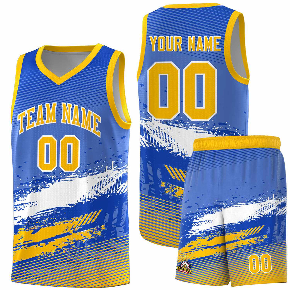 Custom Royal White and Yellow Graffiti Pattern Sports Uniform Basketball Jersey|KXKSHOP