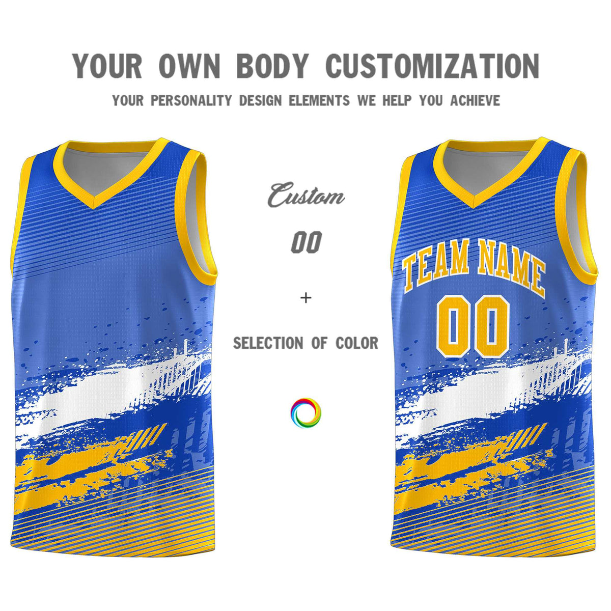 Custom Royal White and Yellow Graffiti Pattern Sports Uniform Basketball Jersey|KXKSHOP