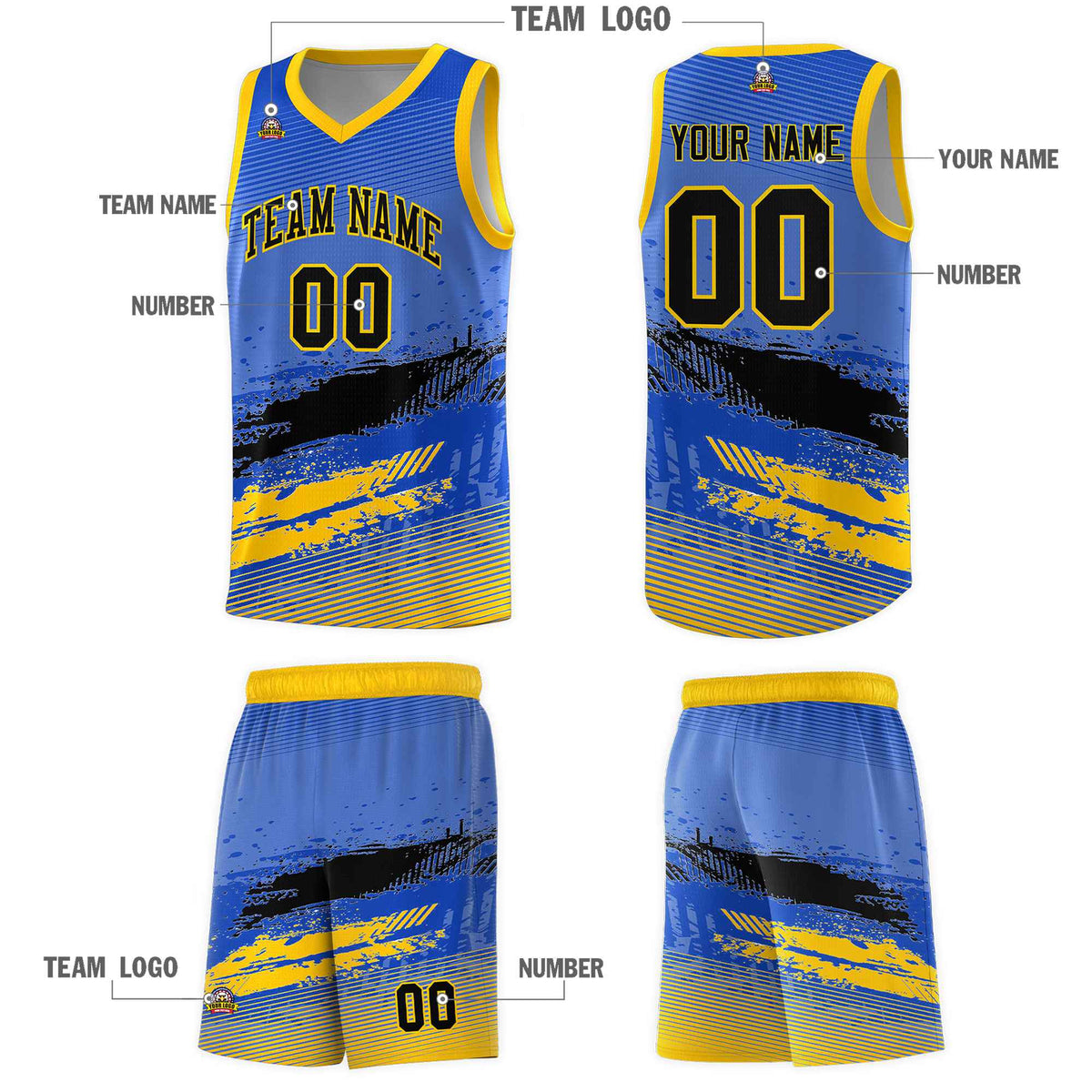 Custom Royal Black and Yellow Graffiti Pattern Sports Uniform Basketball Jersey|KXKSHOP