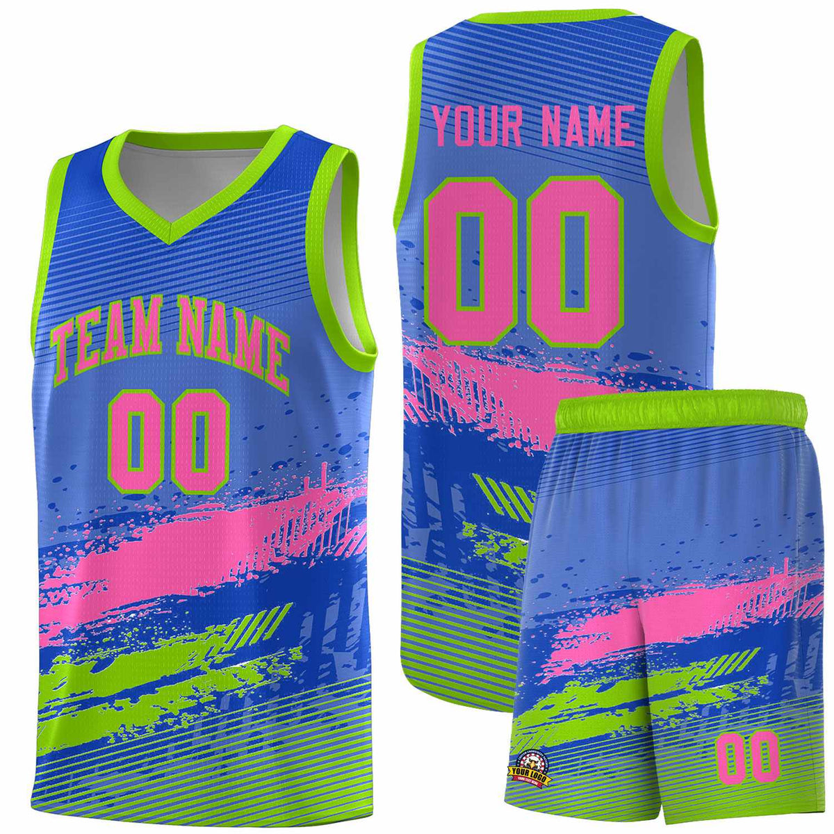 Custom Royal Pink and Neon Green Graffiti Pattern Sports Uniform Basketball Jersey|KXKSHOP