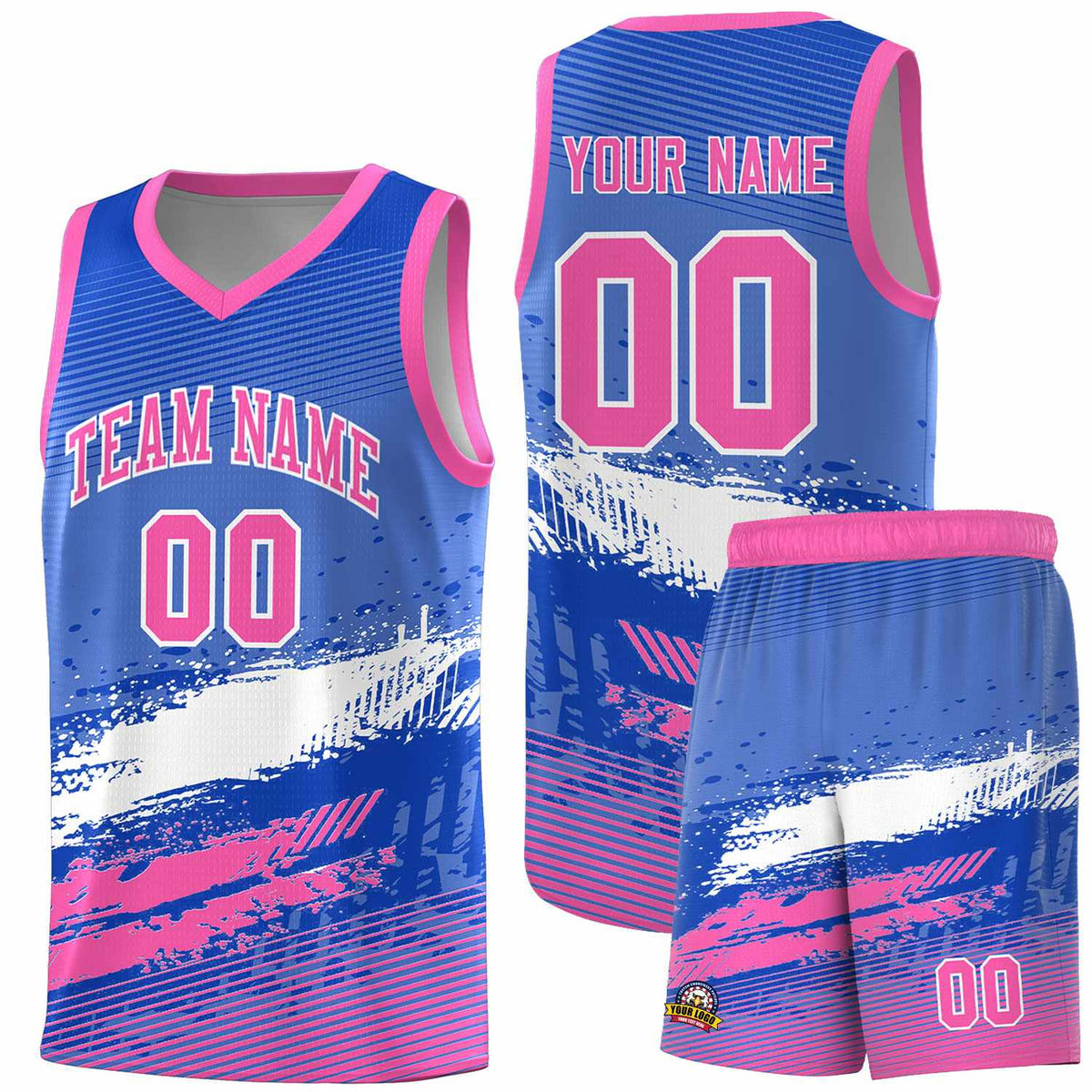 Custom Royal White and Pink Graffiti Pattern Sports Uniform Basketball Jersey|KXKSHOP